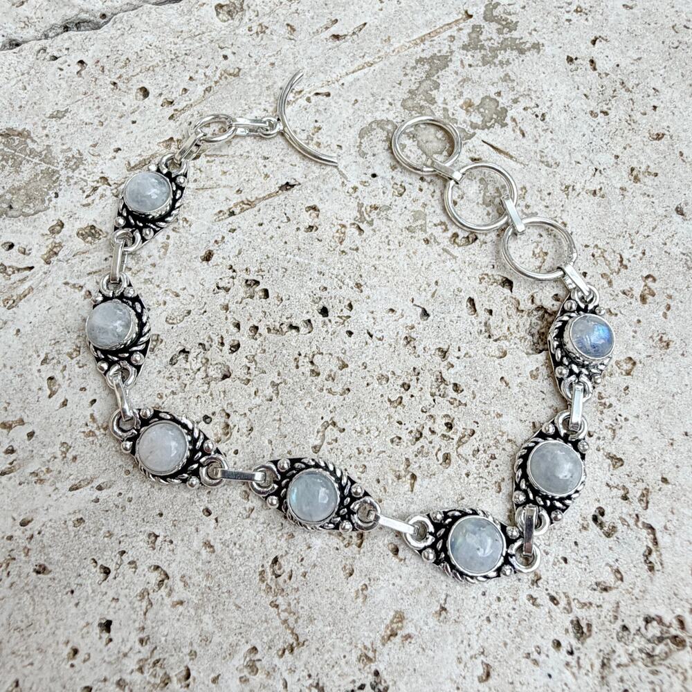 Rainbow Moonstone Link Toggle Bracelet 925 Silver Overlay